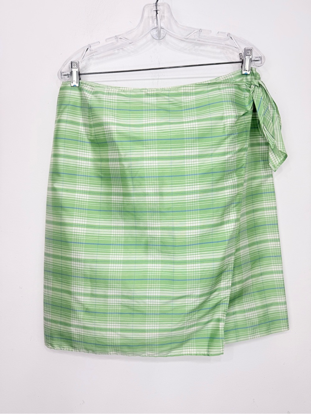 Due per Due Collection Green White Plaid 100% Silk Wrap Skirt